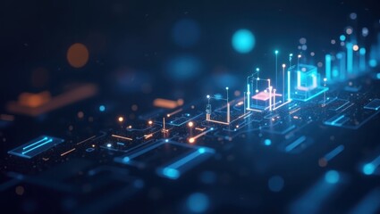 Illustrative depiction shows an abstract, digital circuit board with glowing blue and orange lights and circuit elements illuminating against a dark background, featuring a blurred, bokeh effect to...