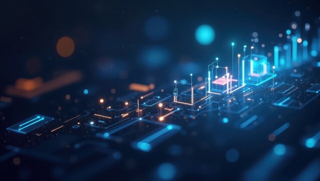 Illustrative depiction shows an abstract, digital circuit board with glowing blue and orange lights and circuit elements illuminating against a dark background, featuring a blurred, bokeh effect to... - Powered by Adobe
