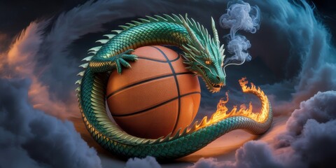 Majestic Green Dragon Wrapped Around Flaming Basketball in Stormy Clouds - Fantasy Sports Art Illustration