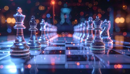 Displaying a chess board with glowing pieces, the photograph shows an illuminated  setting with reflective surfaces, evoking a sense of strategy, competition, and intellectual pursuit against a...