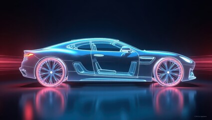Sleek, futuristic sports car depicted with glowing neon outlines and wheels, set against a vibrant gradient backdrop of red and blue, with reflective surfaces and a dark, dramatic atmosphere...