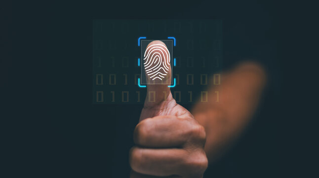 Biometric fingerprint scanning technology concept. Glowing thumbprint and digital interface, symbolizing identity verification, cybersecurity, data protection and secure access authentication system. - Powered by Adobe