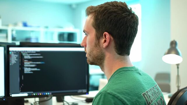 Man in Green T Shirt Typing Code on Computer Screen in Modern Office