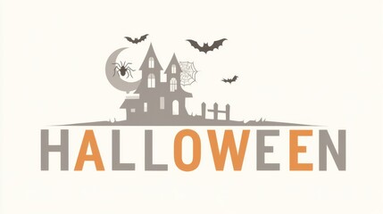 Minimalistic Halloween illustration with haunted house, bats, spider on the moon and cobweb above bold orange gray lettering on light background. Spooky holiday design concept