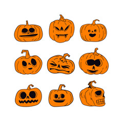 Halloween pumpkins with funny and spooky carved faces, hand drawn vector illustration