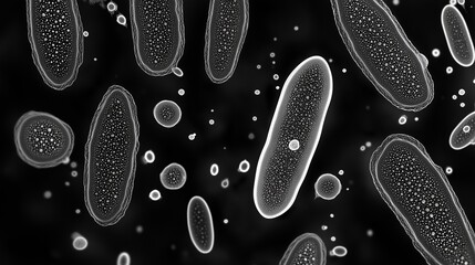 Microscopic view of single-celled microorganisms on black background, showing scientific biology and medical research concept.