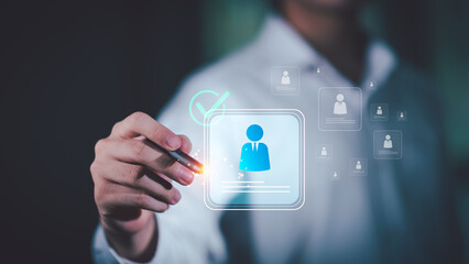 Business selecting digital profile icon representing online recruitment, candidate evaluation, employee selection, and smart HR technology for data-driven talent acquisition and workforce management.