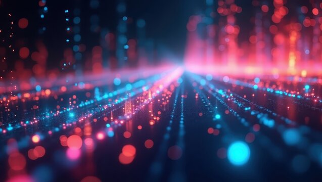 Digital data streams create an abstract and artistic representation, with a blur of neon red and blue lights and bokeh effects, indicating a sense of technological advancement and communication.