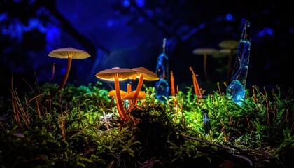 Mushrooms illuminated by warm, vibrant light glow amidst lush green moss and delicate flora, creating a magical atmosphere with deep blue accents in a woodland setting, hinting at hidden wonders.