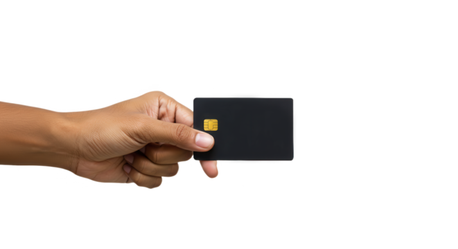 Hand holding a black credit card isolated on transparent background