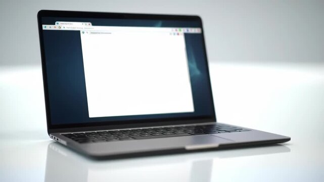 Sleek Silver Laptop Open With Blank White Browser Screen On White Table Minimalist Studio Lighting