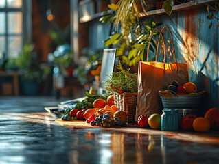 Charming Photo product package boxes in cart with shopping bag and laptop computer