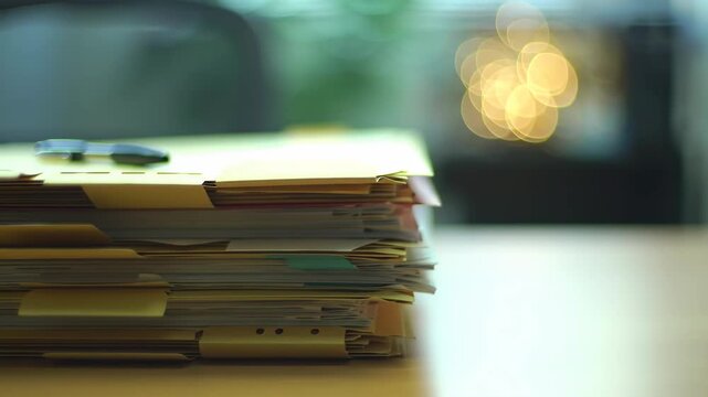 Stack Of Manilla Folders With Documents On Desk With Soft Bokeh Background Lighting