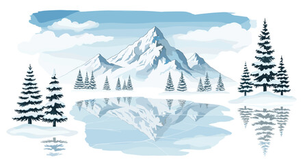 Vector art of snowy mountain range reflected in a frozen lake with pine trees