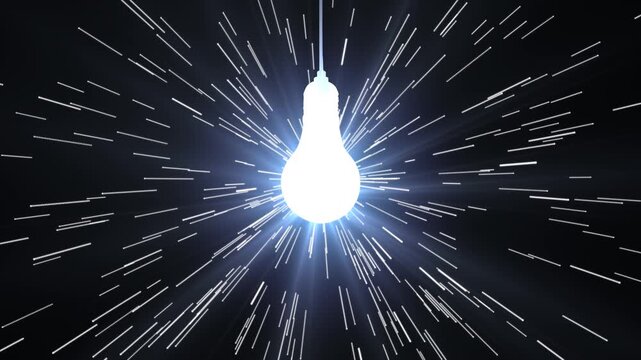 Abstract Glowing Light Bulb With Radiating White Energy Lines And Particle Streaks On A Dark Black Background, Symbolizing Innovation, Creative Brainstorming, Fast Idea Generation, And Futuristic Tech