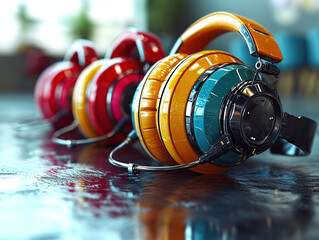 Wondrous headset on her head and the words quot headphones quot