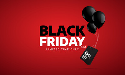 Black Friday sale up to 50 percent off limited time only with balloons and shop bag blow by the winds banner design 