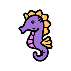 Cute Purple Seahorse Doodle Illustration With Orange Fins And Spines On Transparent Background Cartoon Style