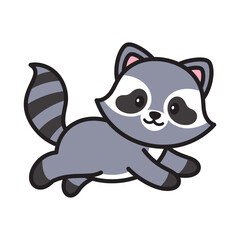 Cute Raccoon Character Cartoon Style Running Motion Playful Expression Adorable Gray Fur Black Masked Eyes Striped Tail White Background