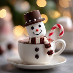Hot chocolate with melted snowman in white cup with scarf and cane
