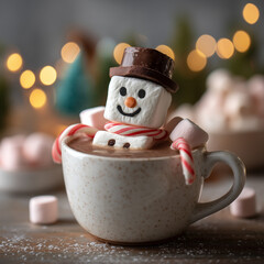 Cozy hot chocolate with melted snowman in speckled mug with candy cane