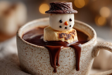 Close up christmas hot chocolate with melted snowman and chocolate drip