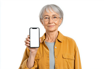 Senior woman showing smartphone mockup for shopping app