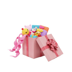 Pink gift box with toys isolated on transparent background