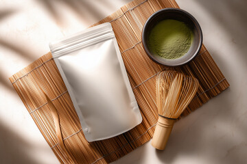Flat lay of white and kraft pouches with bamboo whisk and matcha bowl