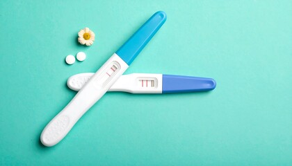 Pregnancy test, pills, and flower on teal background