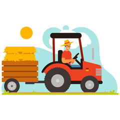 Red Tractor with Hay Bale Trailer Driven by a Farmer Under Sunny Sky Vector Illustration