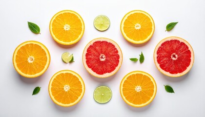 Fototapeta premium Vivid citrus fruit slices arranged artfully with green leaves against a clean white background, showcasing a vibrant display of orange, grapefruit, and lime halves.