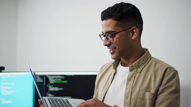 Young Man In Tan Shirt Holding Laptop And Smiling In Office With Computer Screens