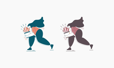 A woman running and holding a potted plant with a happy expression