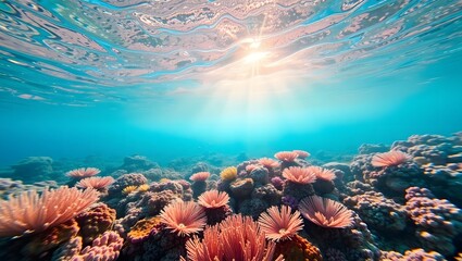 Underwater Photography of Colorful Coral Reef and Marine Life in Tropical Ocean Seascape with Vibrant Corals and Sunlight 