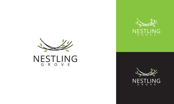 Nestling Grove Logo: Abstract Nest with Green Leaves and Company Name