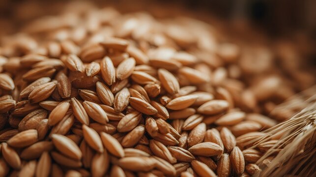 A detailed macro photograph of raw barley grains.