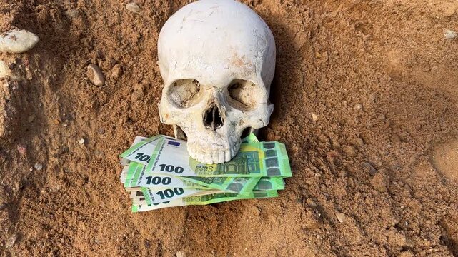 Skull with EU money as death of wealth. Human skull with euro bills in its mouth lies on ground in grave. Skeleton with euro money. Skull with euro bills money on ground on sunset. EU Dead banknotes. 