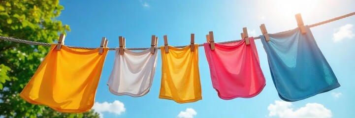 Summer Sunshine Laundry Colorful Clothes Drying on Clothesline, Idyllic Scene
