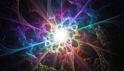 Intricate abstract illustration showcases a burst of vibrant energy emanating from a central bright core, radiating outwards in colorful, fractal-like patterns against a dark, expansive backdrop,...