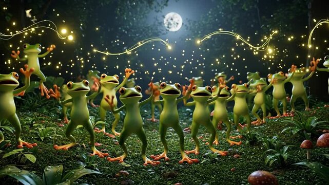 A vibrant scene of dancing frogs illuminated by moonlight.