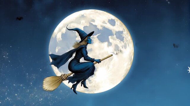 A wicked witch flying on a broomstick in the night sky with a full moon