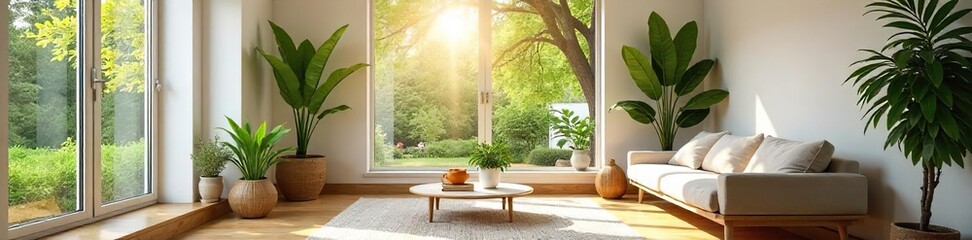 Fototapeta premium Serene Minimalist Living Room Sunlit Interior Design for Relaxation and Wellbeing