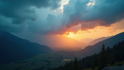 Dramatic sunset illuminates the majestic mountain range with vibrant orange and yellow hues, casting a warm glow across the valley below, while dark ominous clouds create a dynamic, breathtaking...
