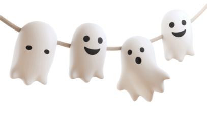 Spooky cute Halloween ghosts hanging on a rope, ready to scare with funny expressions - perfect for festive invites, party posters, and seasonal social media posts!