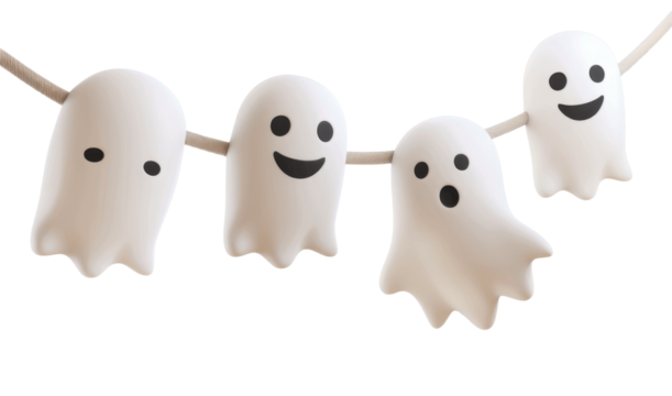 Spooky cute Halloween ghosts hanging on a rope, ready to scare with funny expressions - perfect for festive invites, party posters, and seasonal social media posts!