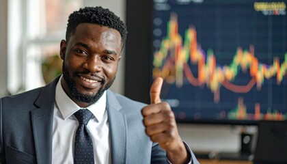 Successful businessman giving a thumbs up with stock market chart in the background