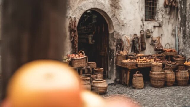 Traditional rustic market stall laden with fresh fruits and organic produce in woven baskets outside an ancient building entrance