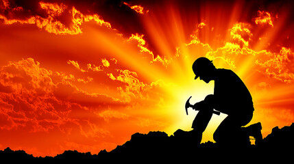 ilhouette of a miner with a pickaxe set against a fiery sky