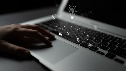 AI innovation with neural network and digital transformation. AI innovation drives automation, powers ideas, AI innovation enhances SEO, and AI innovation enables global connection. Latch